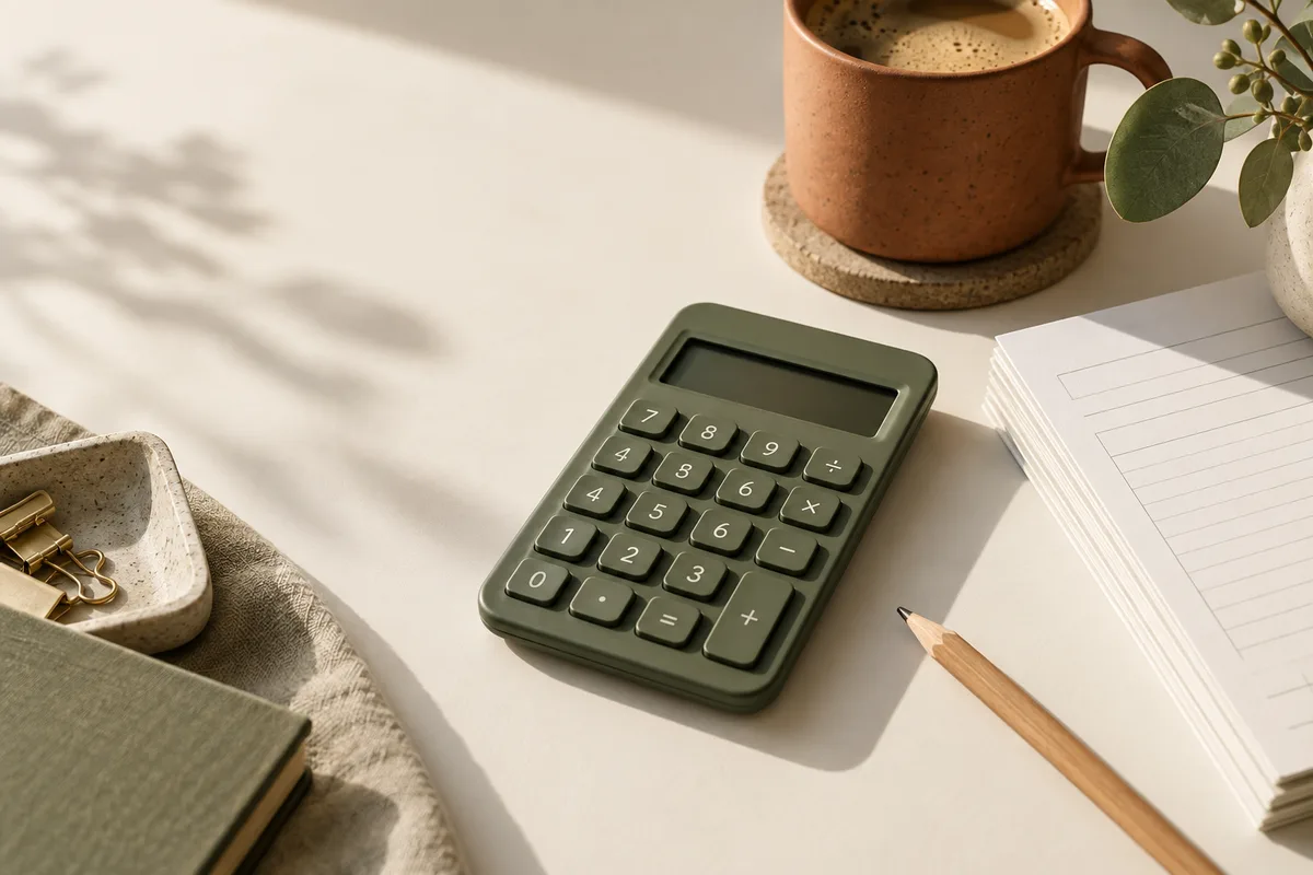 An olive calculator, notebook and coffee on a sunlit desk